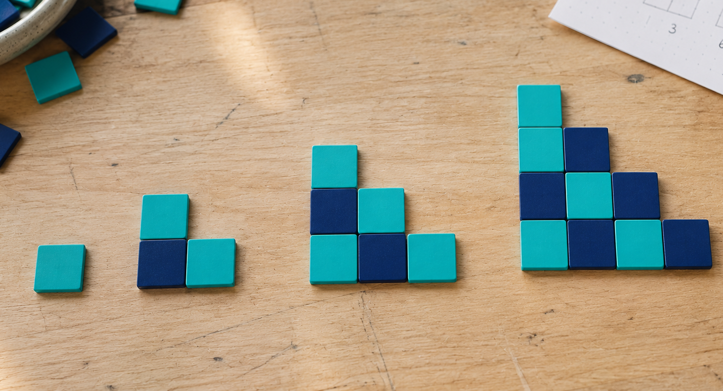 Growing triangular number patterns made with teal and navy square tiles
