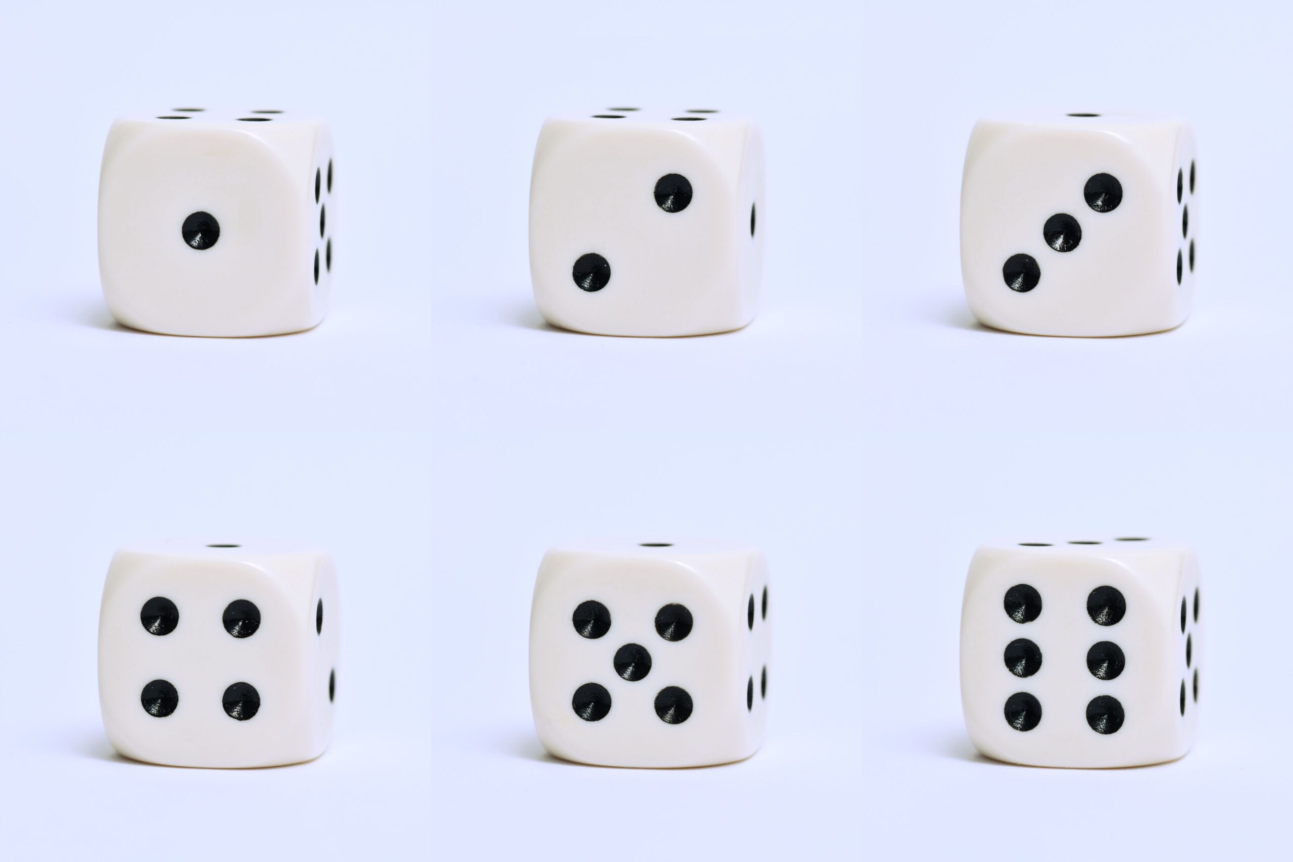 Six dice arranged to show the numbers one to six